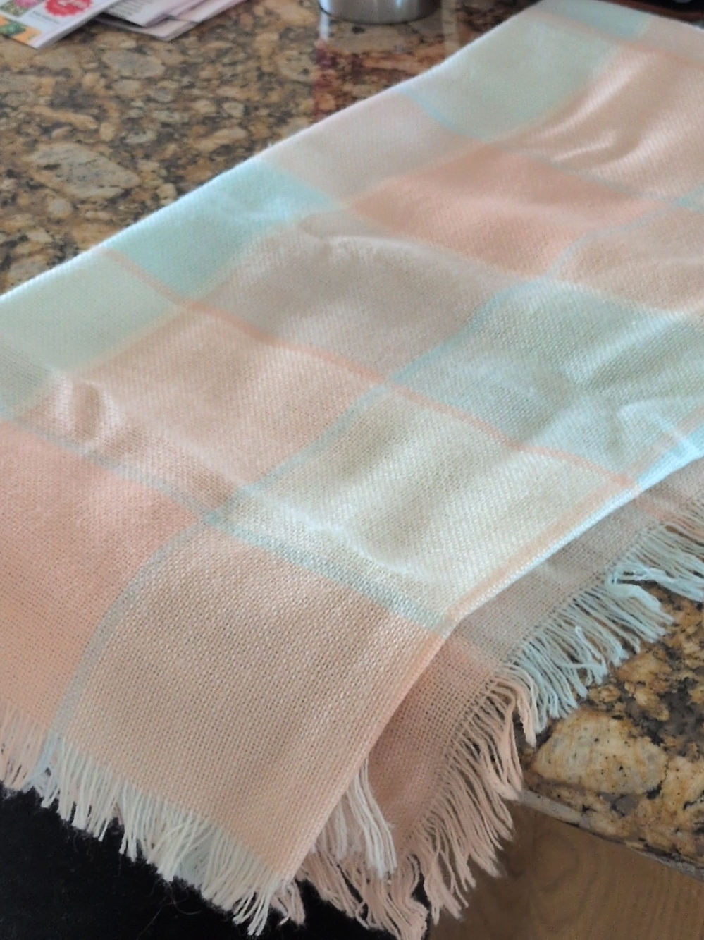 Pastel Check Fringe Scarf - Peach & Light Blue